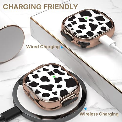 for AirPods 4 Case with Safety Lock, Magsafe Compatible, Cow Print | Double Secure Lock,Drop Protection,Two-Piece Design,with Gold Keychain, Anti Lost, Dustproof, Cute AirPod 4 Case - color: Cow + Gold, size: AirPods 4 Case