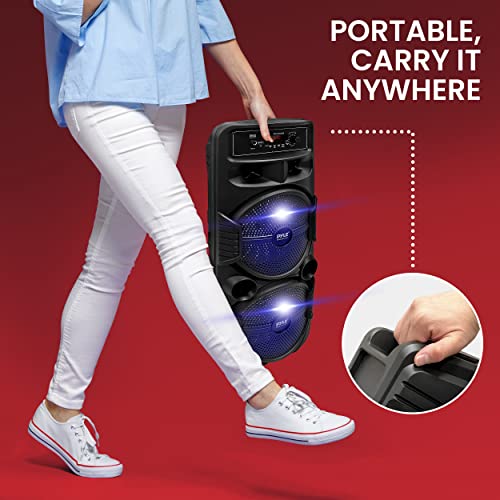 Portable Bluetooth PA Speaker System - 600W Rechargeable Outdoor Bluetooth Speaker Portable PA System w/Dual 8” Subwoofer 1” Tweeter, Microphone in, Party Lights, USB, Radio, Remote - Pyle PPHP2835B - color: Raven