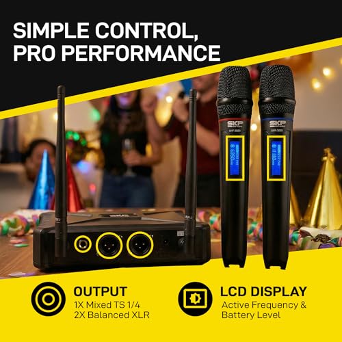 SKP Pro Audio UHF-300D Dual Wireless Microphone System – Handheld Wireless Microphones with LCD Display, 200ft Range, Clear Sound, Long Battery for Karaoke, Singing, Church & DJs