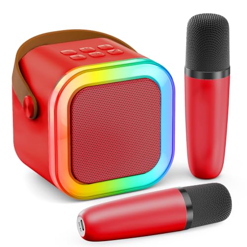 Mini Karaoke Machine, Portable Bluetooth Speaker & 2 Wireless Microphones | Karaoke Player Karaoke Microphone For Family Home Party Outdoor With HI-FI Sound | 5 Magic Sound | PA System | USB | TF | AUX - color: Red