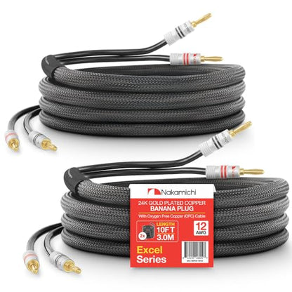 Nakamichi 24k Gold Plated Banana Plugs Speaker Cables 99.9% OFC (10 Feet) | Oxygen-Free Copper, Excel Series, Amplifier Heavy Duty Braided In-Wall CL2 Rated Wires - Black (12AWG / 10ft / 3.0m) 2-Pack - color: Black, size: 12 AWG (10-Feet)