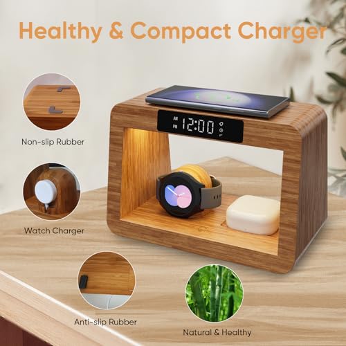 Bamboo Wireless Charging Station, 5 in 1 Charging Station with Light & Alarm Clock for Samsung & Android Phone, Wireless Phone Charger Station Only for Samsung Watch