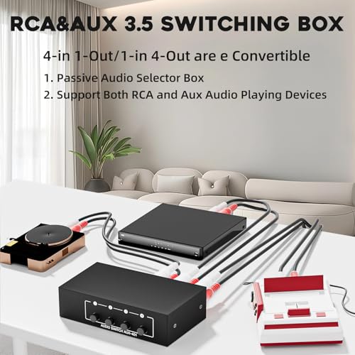 4 Channels 3.5mm Aux + RCA L/R Audio Switcher Box 4 in 1 Out/ 1 in 4 Out Bidirectional,4 in 1 Out A/B Analog Audio Switcher Selector No Power Need