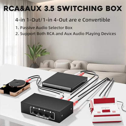 4 Channels 3.5mm Aux + RCA L/R Audio Switcher Box 4 in 1 Out/ 1 in 4 Out Bidirectional,4 in 1 Out A/B Analog Audio Switcher Selector No Power Need
