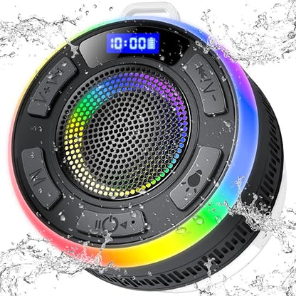 Shower Bluetooth Speaker IPX7 Waterproof, Portable Bluetooth Speakers with Suction Cup and Time Display, Crystal Sound&Bass LED Light 1100mAh, Wireless Shower Speaker for Outdoor/Kayak/ Gifts/Beach - color: Black