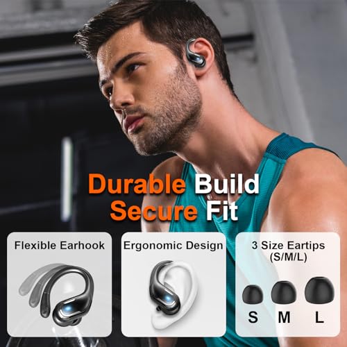 Ltinist Wireless Earbud, Bluetooth 5.3 Headphones Pure Bass Sound with Earhooks, 75H Battery Over Ear Headphones with Dual-LED Display, IP7 Waterproof Earphones Built-in Microphone for Running Sports - color: carbon black
