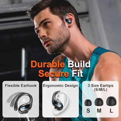 Ltinist Wireless Earbud, Bluetooth 5.3 Headphones Pure Bass Sound with Earhooks, 75H Battery Over Ear Headphones with Dual-LED Display, IP7 Waterproof Earphones Built-in Microphone for Running Sports - color: carbon black