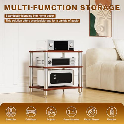 3-Tier AV Media Stand with Speaker Spikes, Stereo Racks and Stand | Audio Equipment Cabinet Entertainment Device Open Air Storage, Dark Wood - size: 3-Tier