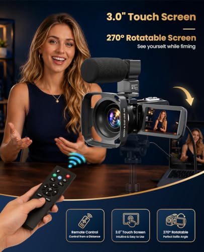 4K Video Camera Camcorder 96MP Vlogging Camera for YouTube 3.0" Touch Screen 18X Digital Zoom IR Night Vision with External Stereo Microphone,Remote,Lens Hood,Handheld Stabilizer,32G Card &2 Batteries