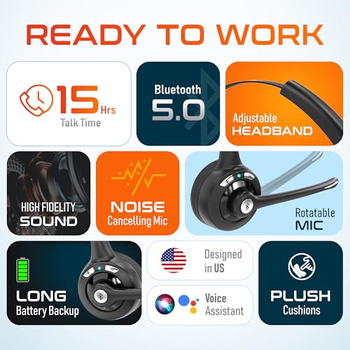 Delton 10X Bluetooth Computer Headset, On-Ear Single Ear Wireless Headset | With Noise Canceling Mic for Computer/Laptop/Call Center/Truck Driver, Works with All Meetings Apps - Black