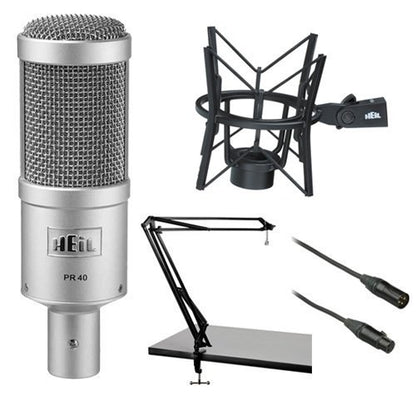 Heil Sound PR 40 Dynamic Cardioid Studio Microphone Bundle with PRSM Shock Mount (Black), Two-Section Broadcast Arm and Microphone Cable