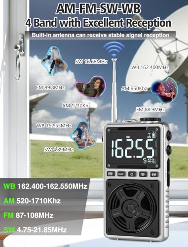 AM FM Shortwave Radio with NOAA Weather Alert,1250mAh Rechargeable | Bluetooth Portable Pocket Radio with Best Reception 5W Big Speaker Earphone,Support SD Card and USB Player Silver - color: Silver
