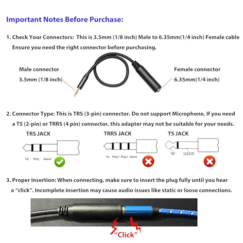 WISYIFIL 1/4 to 3.5mm Cable 1ft Long, Quarter inch (6.35mm) Female to 3.5mm Male Adapter, 1/8 to 1/4 Stereo Audio Cable,for Headphone, Amplifiers, Guitar, Amp etc. Nylon Braided Cable, 2-Pack