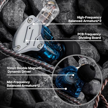 Linsoul KZ ZS10 Pro, 4BA+1DD 5 Driver in Ear Monitor, HiFi Wired Earbuds, Gaming Earbuds, Hybrid IEM Earphones with Stainless Steel Faceplate, Detachable Cable for Musician (with Mic, Blue) - color: Blue, style: With Mic