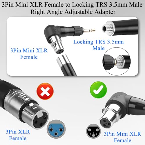 QIANRENON Adjustable 90° Angle Mini XLR to 1/8 Mic Connector Gold Plated 3Pin Mini XLR Female to Locking TRS 3.5mm Male Right Angle Adapter Mi-ni x-lr Direction changeable, for Sports Headphone Camera
