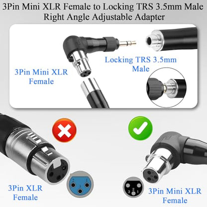 QIANRENON Adjustable 90° Angle Mini XLR to 1/8 Mic Connector Gold Plated 3Pin Mini XLR Female to Locking TRS 3.5mm Male Right Angle Adapter Mi-ni x-lr Direction changeable, for Sports Headphone Camera