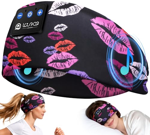 LOVE EYE Sleep Sport Headphones Wireless Bluetooth 5.4 Headband Headphone | Sleeping Earphones for Side Sleepers Removable and Washable Headbands Earbuds for Running Workout Unique Gifts for Women Men - color: Lip Black