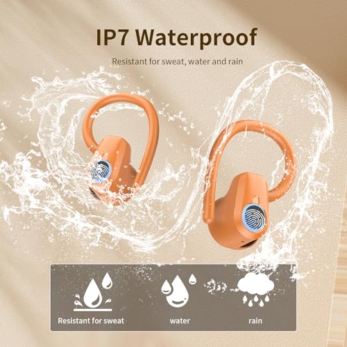 Wireless Earbuds, Headphones Sport Bluetooth 5.4, Over Ear Buds with ENC Noise Canceling Mic, Deep Bass Stereo Earphones with Hook, 50H Playback, LED Display Ear Buds for Workout Running, Deep Orange | 50H Playback, IP7 Waterproof Earphones for Workout R