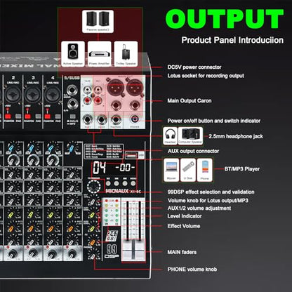 Audio Mixer 6 Channel Professional Sound Mixer Console with 99 DSP Effects, Mixing Board DJ Mixer w/USB, Bluetooth, 48V Power Supply, PAD Button for Recording Karaoke PA Drum Live Music