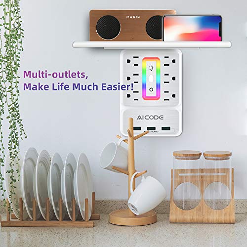 AICODE USB Outlet Extender with Shelf, RGB Night Light, 6 Outlets, White | 9-in-1 Surge Protector, 3 USB Ports (3.2A), 900J, 1875W, Compact Wall Plug Adapter for Home Kitchen Dorm