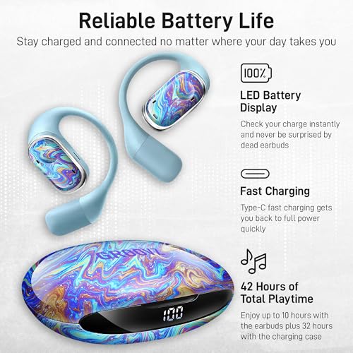 Groovz Open-Ear Plus True Wireless Headphones with Battery Display - Designed & Engineered in the USA - Multi-Point Pairing Bluetooth Open Ear Earbuds Compatible with Apple & Android - Oil Slick - color: Oil Slick