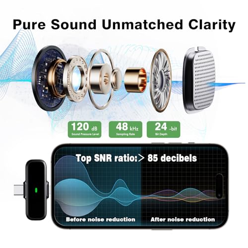 Wireless Lavalier Microphone for iPhone/Android - Dual Mini Noise Canceling Mic with Charging Case(30H), USB-C/Lightning Clip-on Microphone for Video Recording Streaming Podcast Vlogging（Gray）
