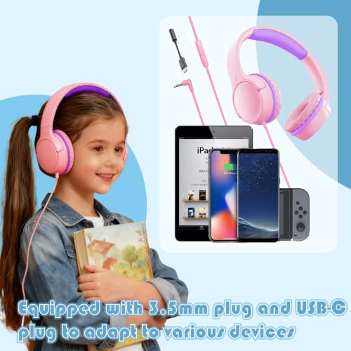 Kids Headphones with Mic, 85/94dB Volume Limit, 3.5mm & USB-C - color: Candy Pink