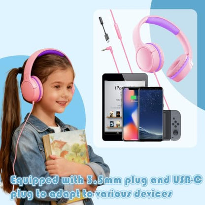 Kids Headphones with Mic, 85/94dB Volume Limit, 3.5mm & USB-C - color: Blue Lemon