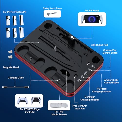FYOUNG All in One Cooling Stand & Charger Station for PS5/Slim/Pro Console and Controller Charing Dock, Charging Stand for PlayStation Portal, Headset and Remote Holder with RGB Light Stand (Black) - color: Black