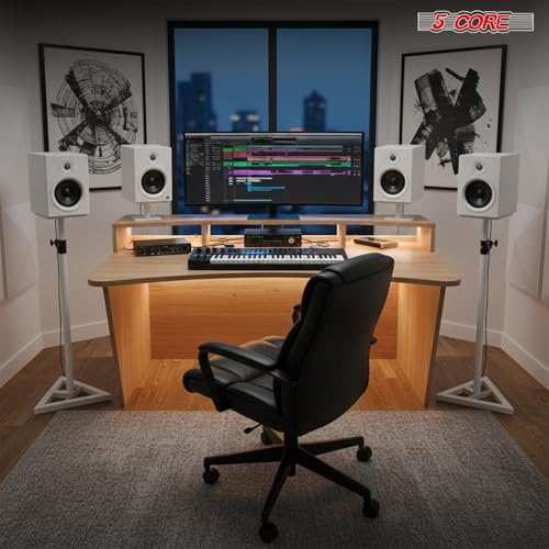 5 Core Speaker Stand Pair Heavy Duty Adjustable Telescoping Height 59.5" Triangle Base DJ PA Stands Mount 100Lb Capacity - SS TRI Base 64 WH
