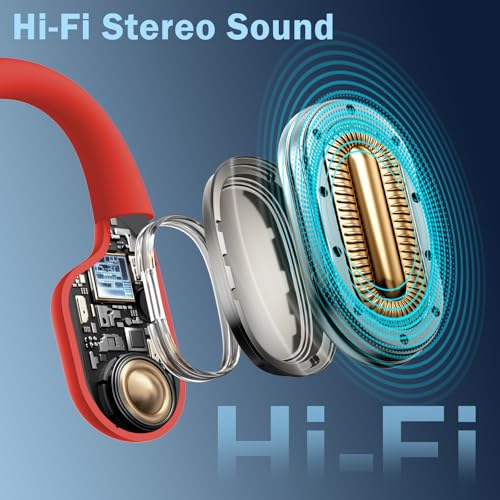 Swimming Headphones-Bone Conduction Headphones, IP68 Waterproof Open Earphones, LiteSurge Bluetooth 5.4 Underwater Sport Earbuds with 32 GB MP3 Memory for Swimming, Marathon-Hot Red