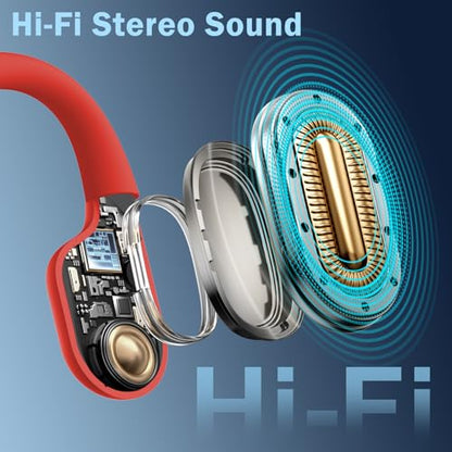 Swimming Headphones-Bone Conduction Headphones, IP68 Waterproof Open Earphones, LiteSurge Bluetooth 5.4 Underwater Sport Earbuds with 32 GB MP3 Memory for Swimming, Marathon-Hot Red