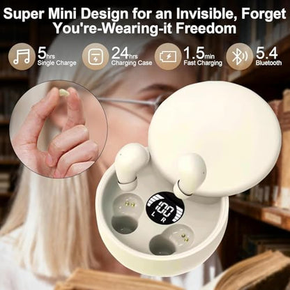 Mini Invisible Earbuds for Small Ear Canal, Tiny Wireless Ear Buds | Ultra-compact Earbuds for Small Ears with Soft Silicone Fit, Bluetooth 5.4, IPX5, 4-5H Playtime 24-H Battery Case - color: Skin
