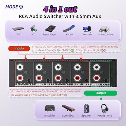 4-Way RCA L/R & 3.5mm Stereo Audio Switcher Bi-Directional Switch Selector | 4 in 1 out passive a/b Analog Stereo Audio Switcher Selector 1 in 4 out Audio Splitter Only one output plays at a time