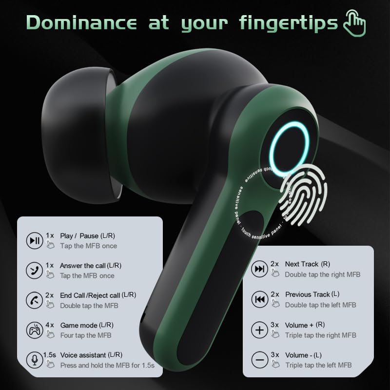 G07 Wireless Earbuds with RGB LED Light Gaming Earbuds with 40ms Low Latency Dual Game and Music Mode Earphones Wireless Headphones with 40 Hours Playtime IPX5 Waterproof (Black Moss) - color: color_name