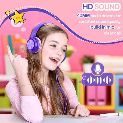 Kids Headphones for School Travel with Upgrade USB C&3.5MM Jack - color: Purple