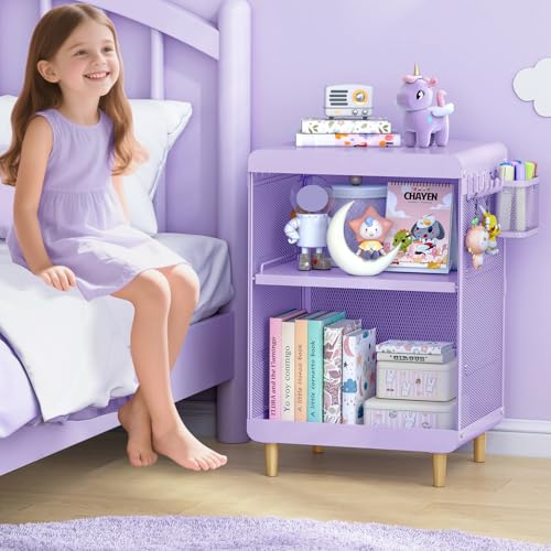 SYKIARIOL Kids Nightstand for Girls, 3-Tier Storage Shelf, Purple | Metal Bedside Table with 4 Hooks & Hanging Basket, Toddler Night Stand for Bedroom - color: Purple