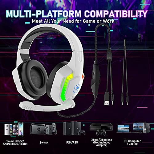 Wired Gaming Keyboard and Mouse Headset Combo,Rainbow LED Backlit Wired Keyboard,Over Ear Headphone with Mic,Rainbow Backlit Gaming Mice,Mouse Pad,for PC,Laptop,Mac,PS4,Xbox(White) - color: White