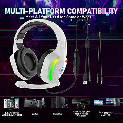 Wired Gaming Keyboard and Mouse Headset Combo,Rainbow LED Backlit Wired Keyboard,Over Ear Headphone with Mic,Rainbow Backlit Gaming Mice,Mouse Pad,for PC,Laptop,Mac,PS4,Xbox(White) - color: White