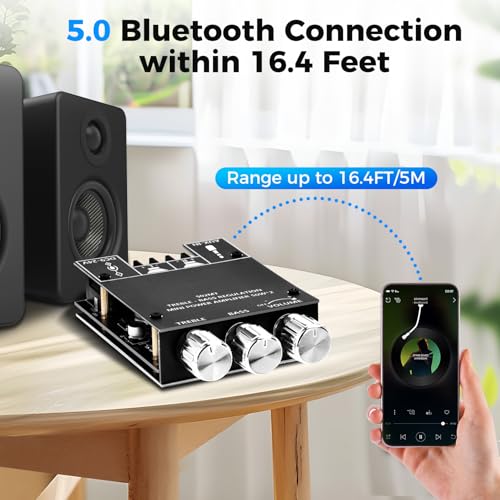 Daakro ZK-502MT Bluetooth Amplifier Board,50W+50W 2.0 Channel Amp Board with Treble and Bass Control,DC 9-24V, Bluetooth and AUX Inputs, Audio Amp Board for Home DIY Wireless Speakers, Password Free - color: ZK-502MT