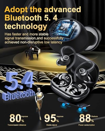 Wireless Earbuds, Bluetooth 5.4 Headphones Sport Over Ear Buds With ENC Mic | Noise Cancelling, 48H, Wireless Earphone With Earhooks, Stereo Deep Bass, IP7 Waterproof ear bud for Workout Running, Black - color: Black