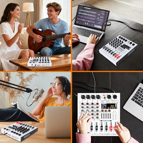 Professional 4-Channel DJ Audio Mixer with Bluetooth, 5-Band EQ, 99 DSP Effects, USB Audio Interface, +48V Phantom Power for Live Streaming, Podcasting, Karaoke, Home Studio Recording
