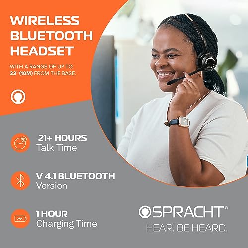 Spracht HS-2050 Single Ear Wireless Bluetooth Headset with Base Station | Noise Cancelling Headphones with Microphone for Pc, Laptop, Work from Home, Skype, Zoom, Call Centers, Office, Trucker - size: Single-Ear