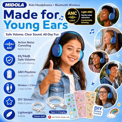 Kids Bluetooth Headphones Wireless,ANC,68H,Safe Volume Limit 85/94dB Blue | Adjustable Headband Foldable Over-Ear for Toddler Girls Boys Tablet/iPad,HD Stereo,Built-in Mic - color: Prussian Blue