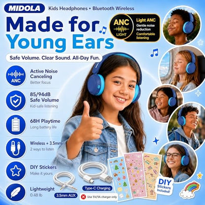 Kids Bluetooth Headphones Wireless,ANC,68H,Safe Volume Limit 85/94dB Blue | Adjustable Headband Foldable Over-Ear for Toddler Girls Boys Tablet/iPad,HD Stereo,Built-in Mic - color: Prussian Blue
