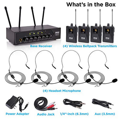 Pyle Portable UHF Wireless Microphone System - Battery Operated Four Bluetooth Cordless Microphone Set with 50 Channels Selectable Frequency, Receiver Base, AUX, for PA Karaoke DJ Party -PDWM4122