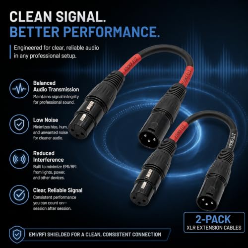 Professional XLR Male to Female Microphone Cables - 6 Inch Balanced Audio Extension Cord (2-Pack) for Studio Equipment, Mixers, Mics