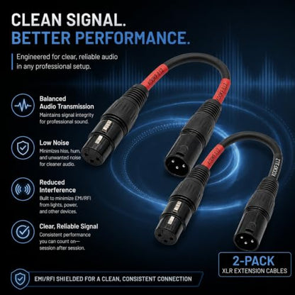 Professional XLR Male to Female Microphone Cables - 6 Inch Balanced Audio Extension Cord (2-Pack) for Studio Equipment, Mixers, Mics