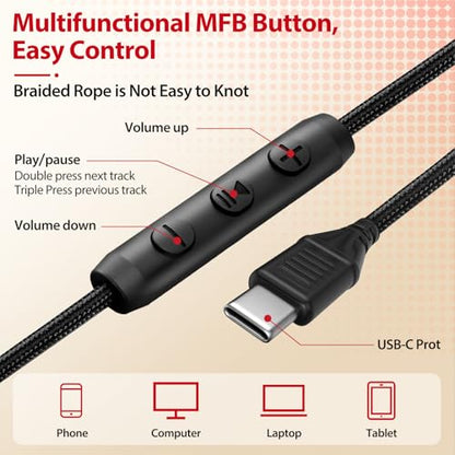 INFURTURE USB C Headphones Wired with Mic & Volume Control, Noise Isolating Over-Ear Headphones, Tangle-Free Plaiting Line, Foldable Headphone for School/Travel/iPad,Tablet,iPhone 17/16/15 - color: Red