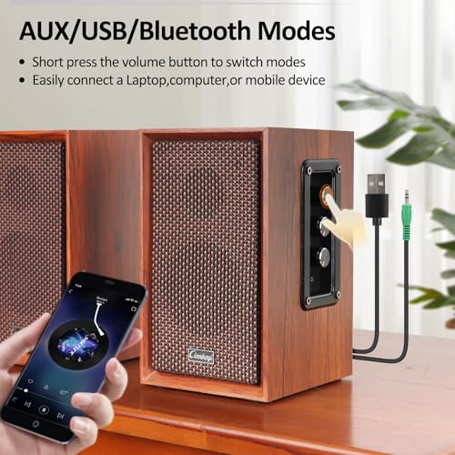 【2026 Upgraded】 Active Bookshelf Speakers – 40W Hi-Fi (DSP) Computer Speakers with Powerful Bass, Bluetooth/USB/RCA/AUX Inputs – 2.0 Wooden PC/TV Speakers for Laptop, Turntable